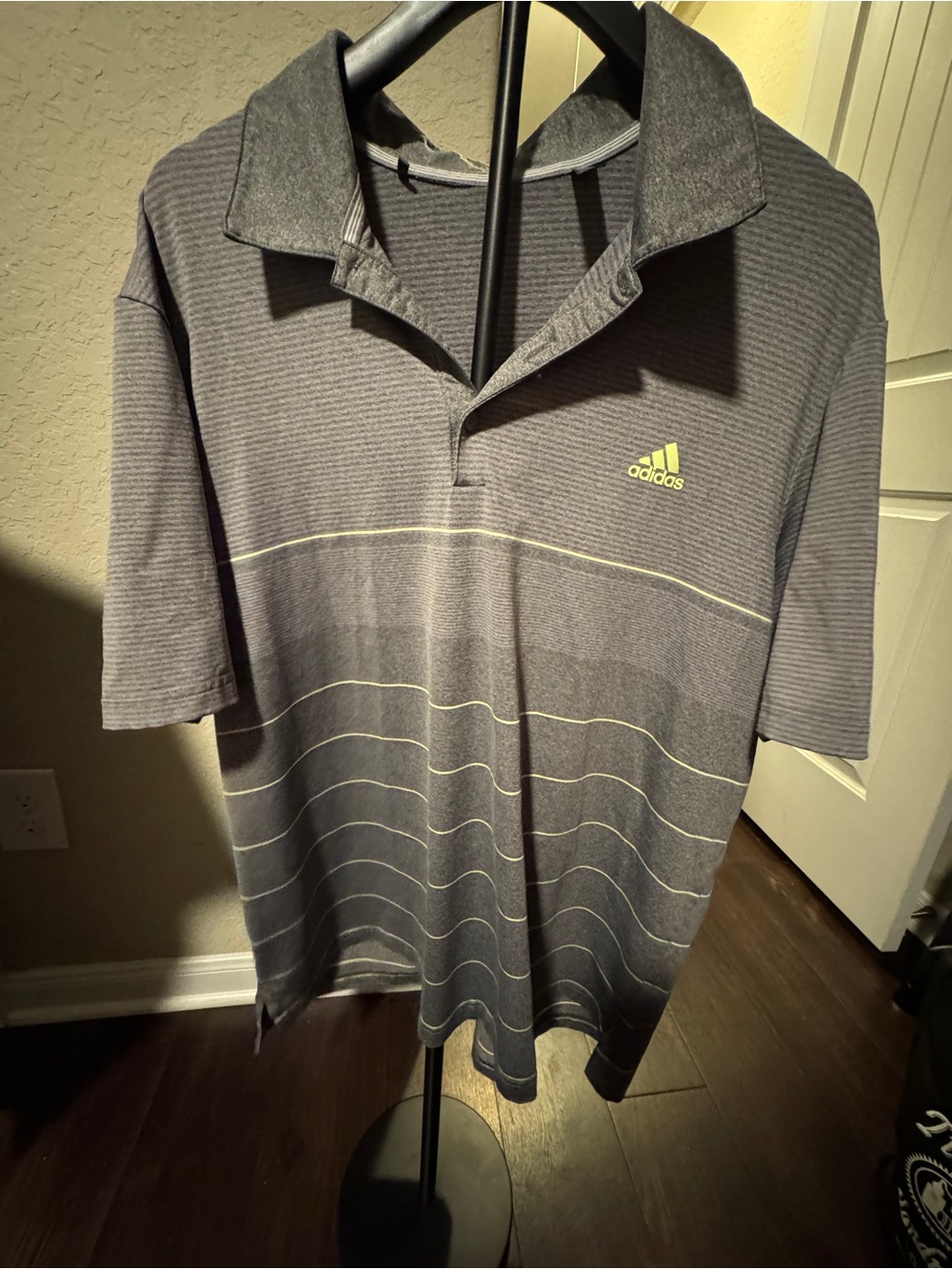 adidas Men’s Gray Polo with Light Green Stripe Accents